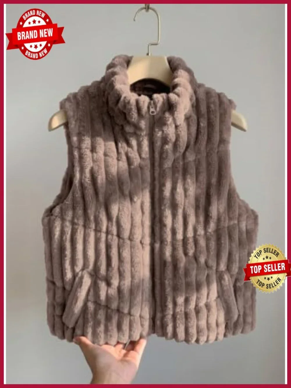Sleeveless Striped Zip-Up Vest with Stand Collar Puffer Jacket